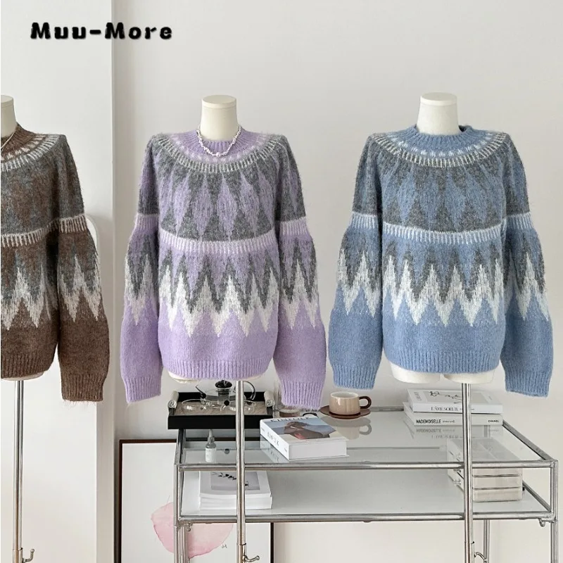 

Women's Fashion Vintage Knitting Long Sleeve Casual Pullovers 2023 Autumn Winter Round Neck Geometric Ladies Loose Sweater Top
