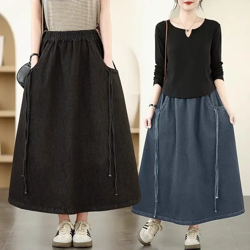 

Джинсовая юбка большого размера на шнуровке, женская весенне-осенняя свободная темпераментная юбка трапециевидной формы, модные джинсы с эластичной резинкой на талии Saia A775