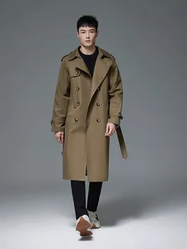 Men's 6XL Belted British-Style Trench Coat 5 British Style Mens Belt Long Trench Coat Loose Fit Double Breasted Windbreaker Autumn Waterproof Outerwear Overcoat Big Size 6XL 5