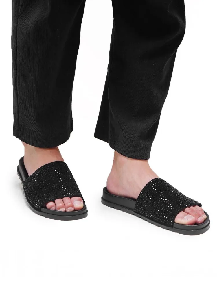 Mens Genuine Leather Slippers Open Toe Casual Summer Outside Vintage Breathable Beach Shoes Solid Color Diamonds Men Flat Slides