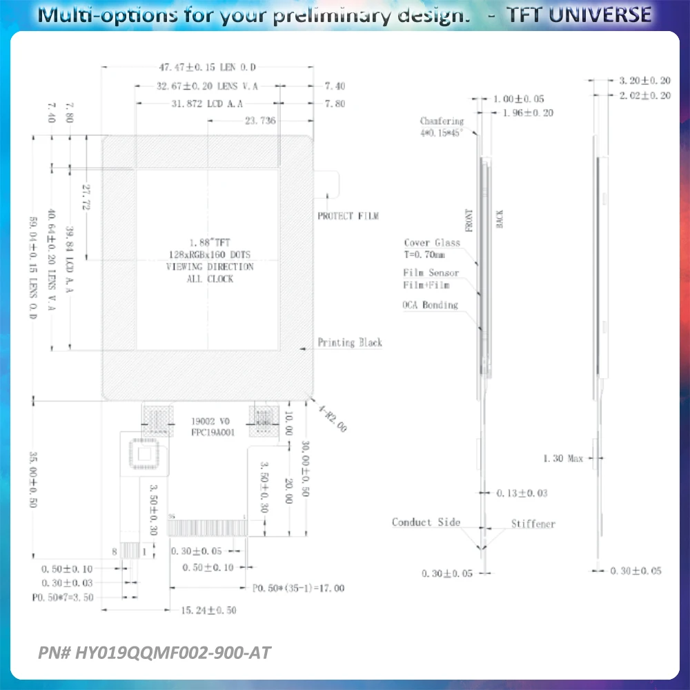 1.9 polegadas 128x160 com controlador ST7735 MCU e interface SPI alto brilho ao ar livre PCAP touch display 1000cd tela LCD