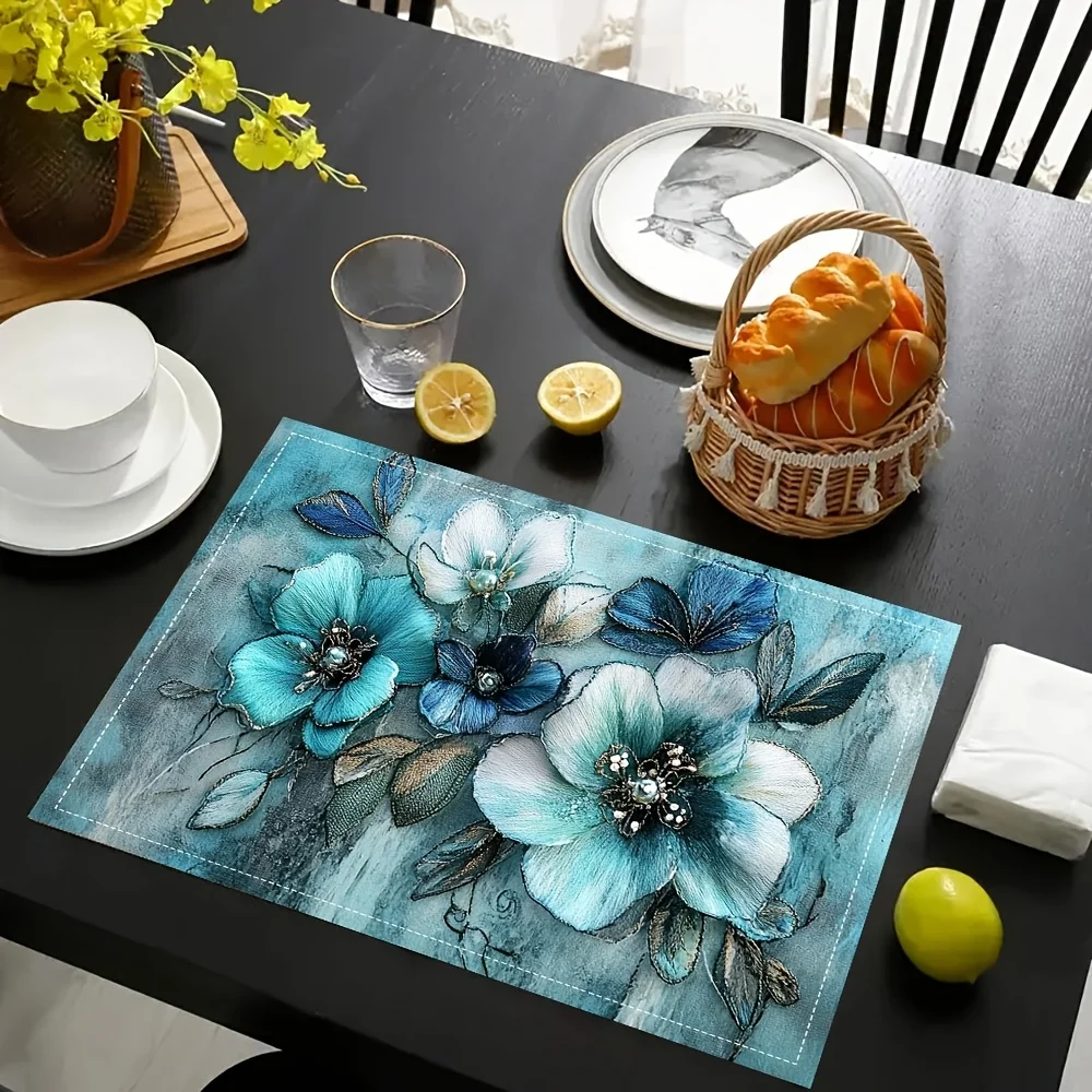 4pcs, Single-Sided Printed Placemats Turquoise Modern Floral Design and Turquoise No Embroidery, for Friend Gatherings, Cafes