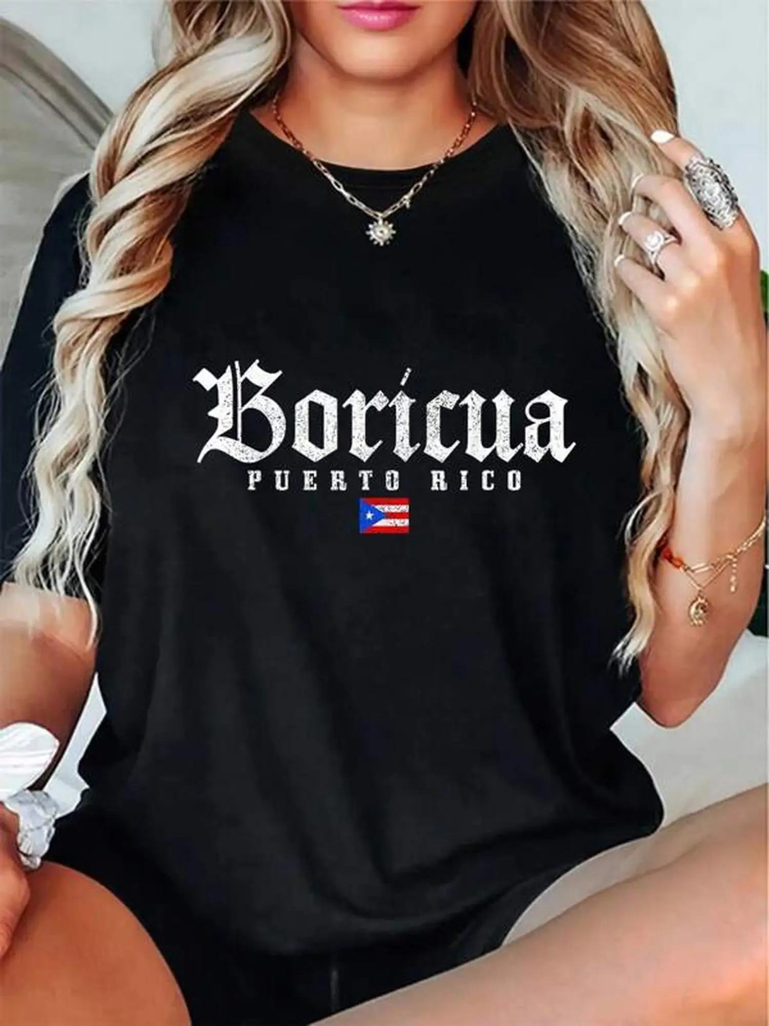 Casualowa koszulka z krótkim rękawem dla kobiet, miękka i wygodna, koszulka na każdą porę roku |   Koszula o luźnym kroju |   Koszulka 100% bawełna, koszulka z Portoryko