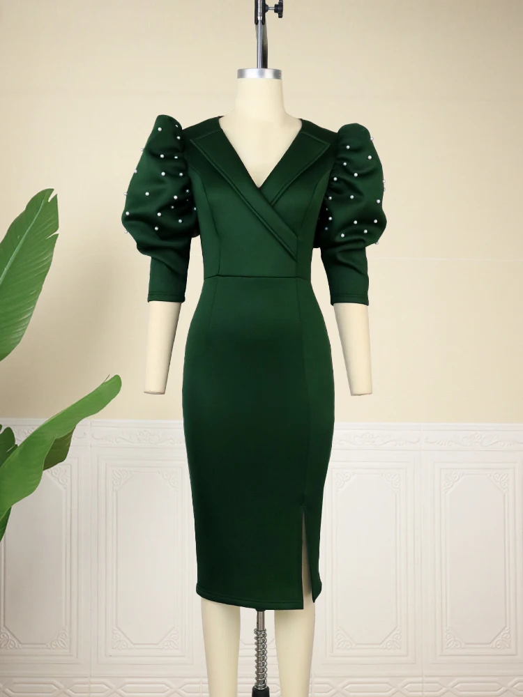 AOMEI V Neck Midi Dresses for Ladies Half Puff Sleeve Dark Green High Waist Bodycon Slit Elegant Office Work Evening Party Gowns