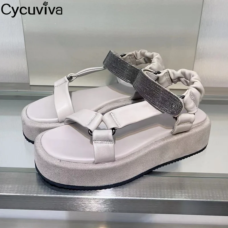 

New Genuine Leather Platform Sandals Women Thick Sole Metal Beaded Summer Walking Vacation Shoes Casual Cool Flat Beach Sandals
