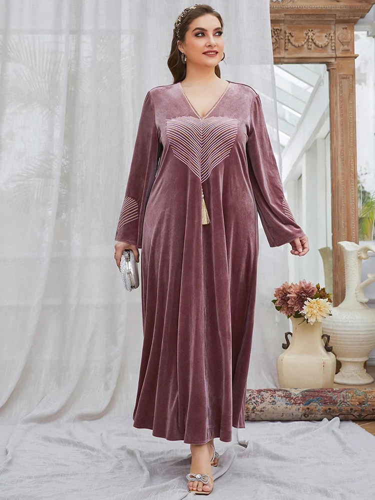 TOLEEN 2024 New Plus Size Women Minimalist Floral Print Long Sleeve Velvet Dress Autumn Winter Luxury Elegant Abaya Maxi Dresses