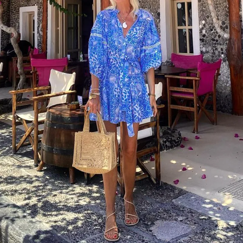 하프 슬리브 셔츠 여성 드레스 여름 느슨한 Elegan 레이스 업 셔츠 캐주얼 여성 홀리데이 비치 짧은 치마 2025 패션 프린트
