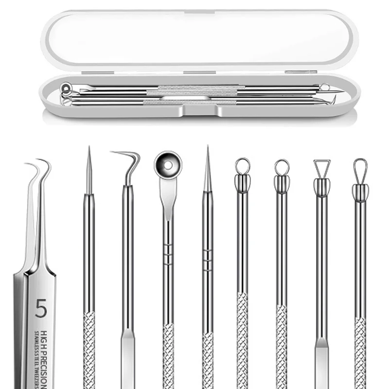 5PCS Blackhead Remover Comedone Extractor Curved Tweezers Professional Stainless Pimple Acne Needle Blemish Removal Tools Kit