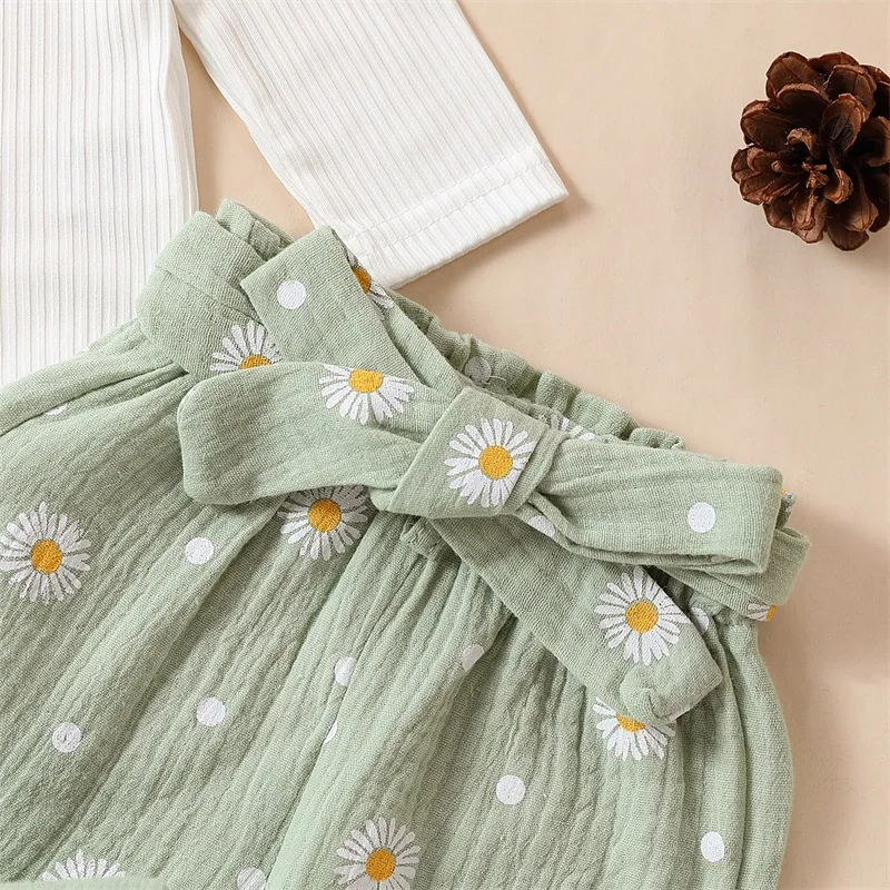 Toddler Baby Girls 3PCS Pants Sets White Long Sleeve Ruffle Romper Daisy Print Belted Pants Headband Children\'s Clothing Sets