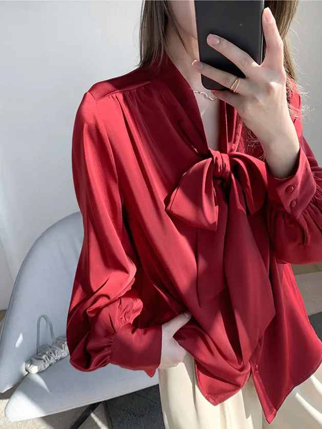 Spring Satin Shirt Women Fashion Elegant Lace Up ice silk Blouse office Ladies Imitation Silk Long Sleeve Shirt plus size 5XL