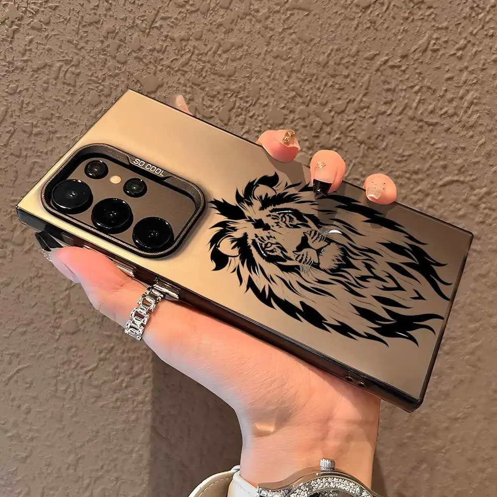 Custodia per telefono con disegno a mano leone per Samsung Galaxy S25 S24 S23 S22 S21 Ultra Plus Custodia rigida laser nera bianca viola