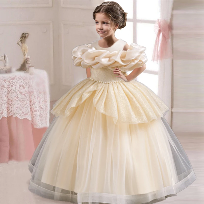 Baby Girls Flower One Shoulder Wedding Dress Princess Evening Dress Ball Gown Party Lace Long Dress 3-12 Year Old Clothes