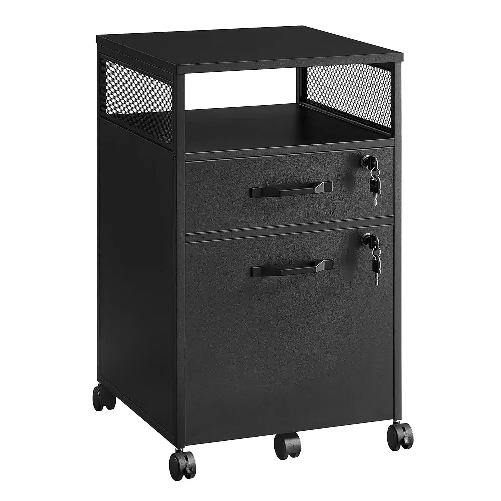 

File Cabinet, Mobile Filing Cabinet With Wheels, 2 Lockable Drawers, Open Shelf, For A4, Letter Size, Hanging File Folders, Ink