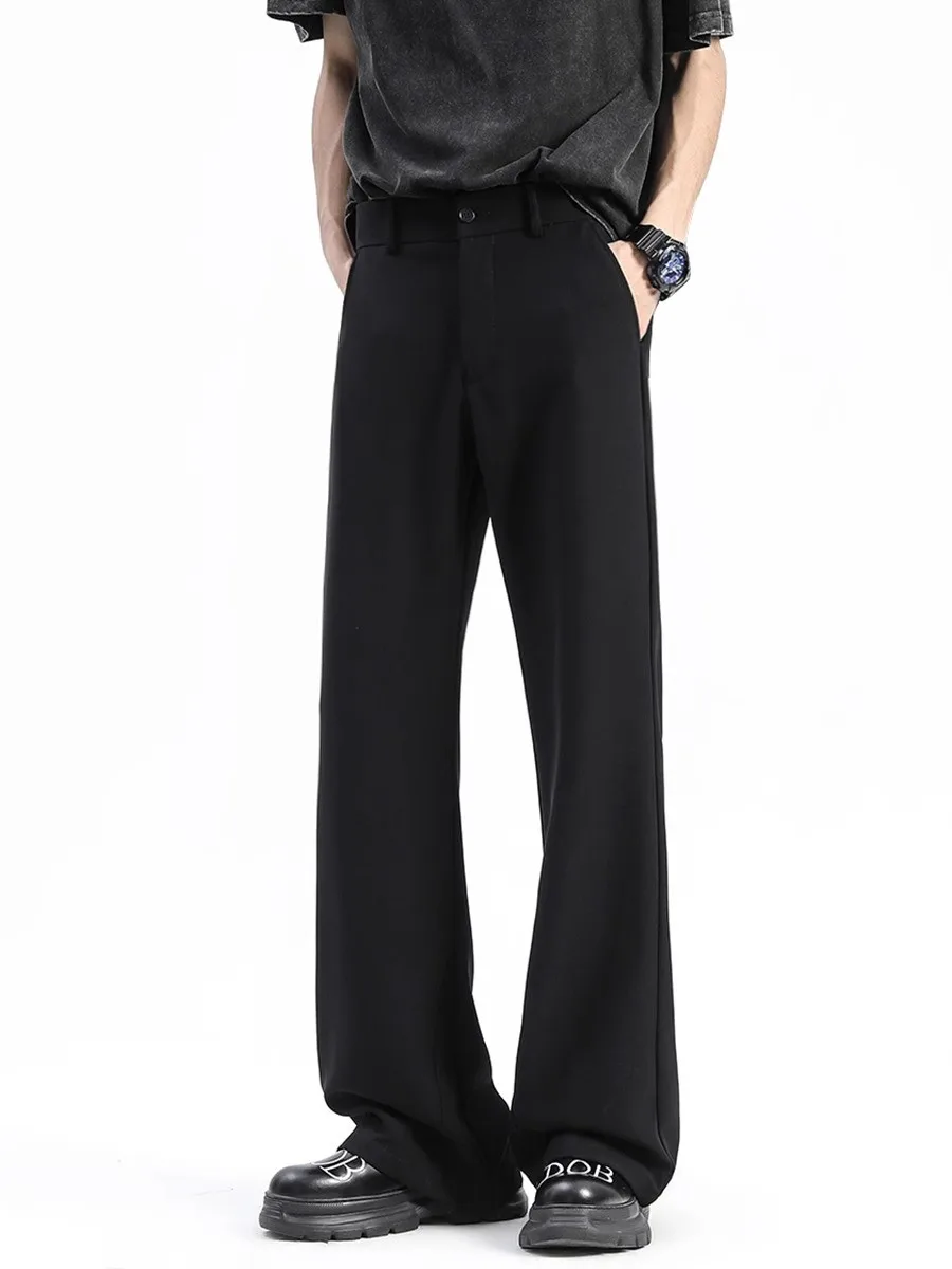 

New 2024 Men's Bla Drapey Ice Silk Casual Trousers Straight Leg Bell Bot High Waist Length Pants Cool Sle Youth Trend