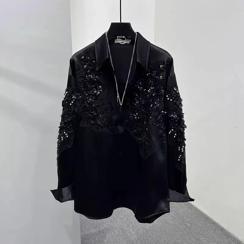 2025 Spring Men's Personalized Tops Three-dimensional Sequined Embroidered Lapel Handsome Shirts Men's Trendy Long-sleeve Shirt