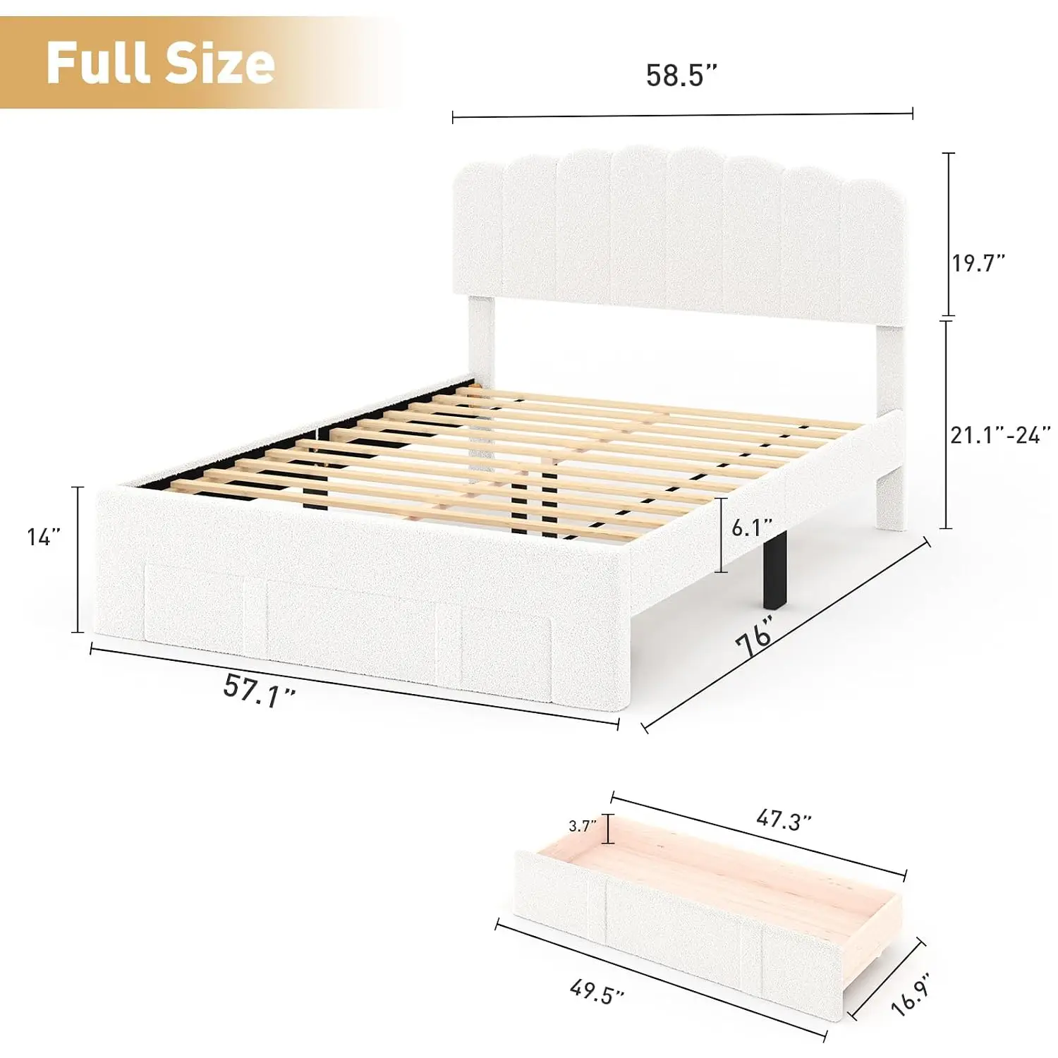 Full Size Bed Frame Storage Drawer Adjustable Headboard LED Light Wooden Slats Support, Customized