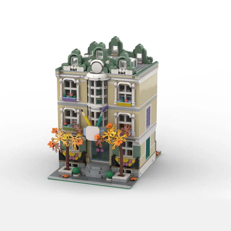 Ciudad escena de calle Moc Modular Art School Corner modelo DIY, juguete creativo para niños, regalo, bloques de construcción, MOC-103824