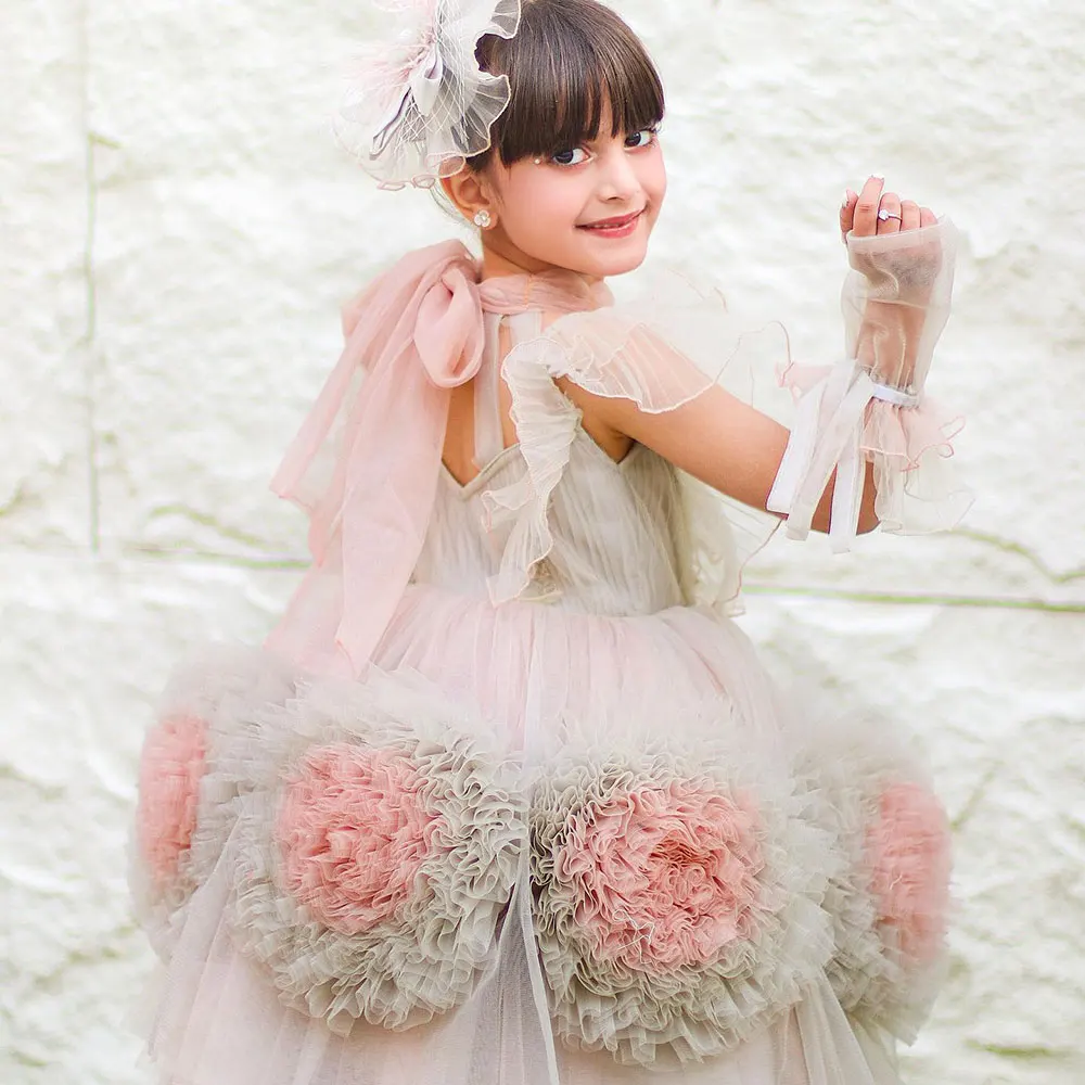 Jill Wish Luxury Floral Arabric Girl Dress Handmade Flowers Kids Princess Birthday Wedding Party Children Holiday Gown 2024 J302