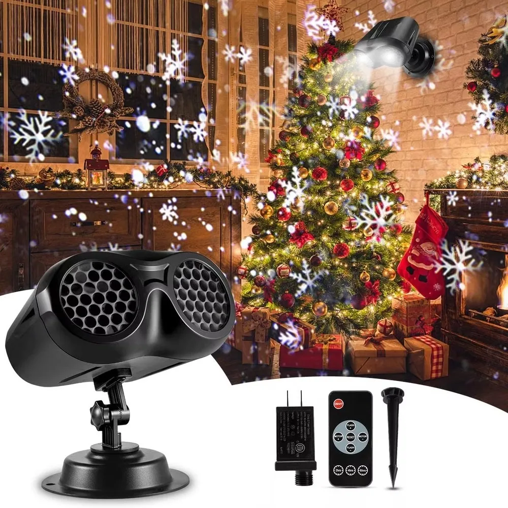 Christmas Snowfall LED Projector Light Snowflake Snowstorm Projection Lamp Two-Head Holiday Party Garden Decoration