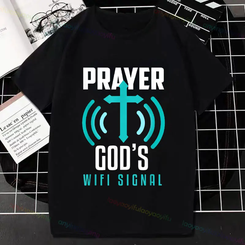 Y2k Top Funny Prayer God's Wifi Signal Religious Pray Faith Jesus Unisex Summer Printed T-shirt Tops Short-sleev Graphic Tees