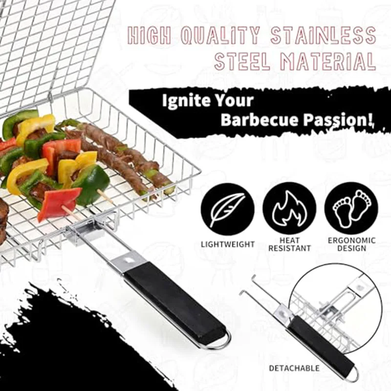 Faltbarer Tragbarer Outdoor-Camping Edelstahl-Grillrost mit Abnehmbarem Griff Grillkorb Barbecue-Grill Kochutensilien
