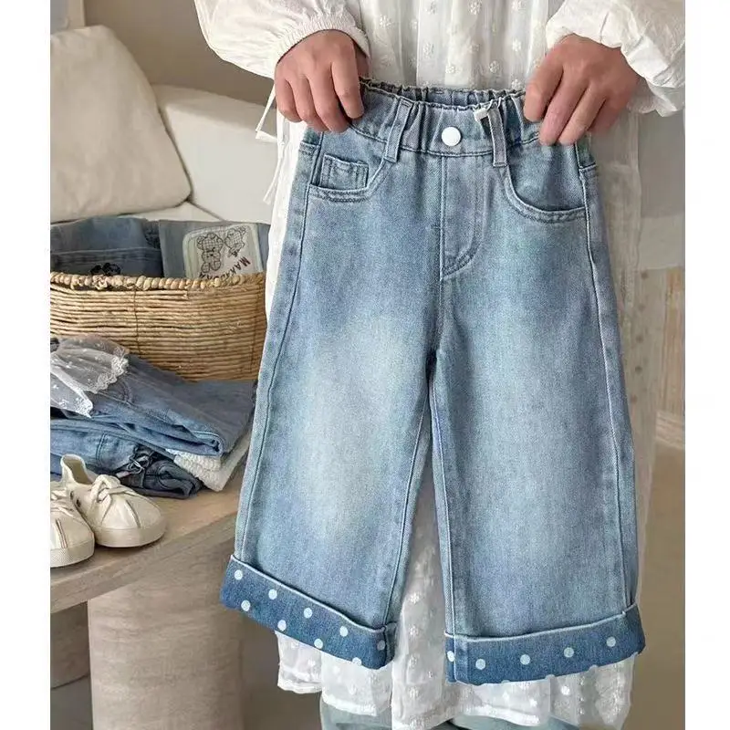 

Girls Polka Dot Denim Pants Spring Autumn Fashionable Straight-Leg Pants Kids Versatile Patchwork Wide-Leg Jeans