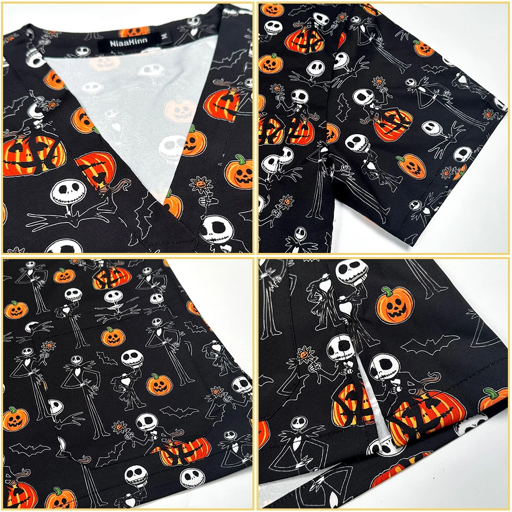 Mode Scrub Top Medische Verpleegster Blouse Dames Halloween Shirts Print Korte Mouw Leuke T-Shirts Werkkleding Met 3 Zakken