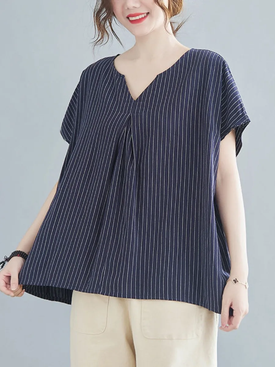 Loose Cotton Linen Short Sleeve Shirt Korean Style plus Size Women's Top Mommy Wear Summer New Style Big Size T-shirt