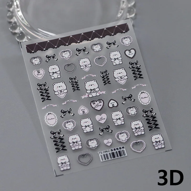 Autocollants 3D en dentelle rose pour Nail Art, décalcomanies avec nœud papillon, cœur d'amour, petit ours mignon, sous-vêtements de Charleroi en relief doux, 5D