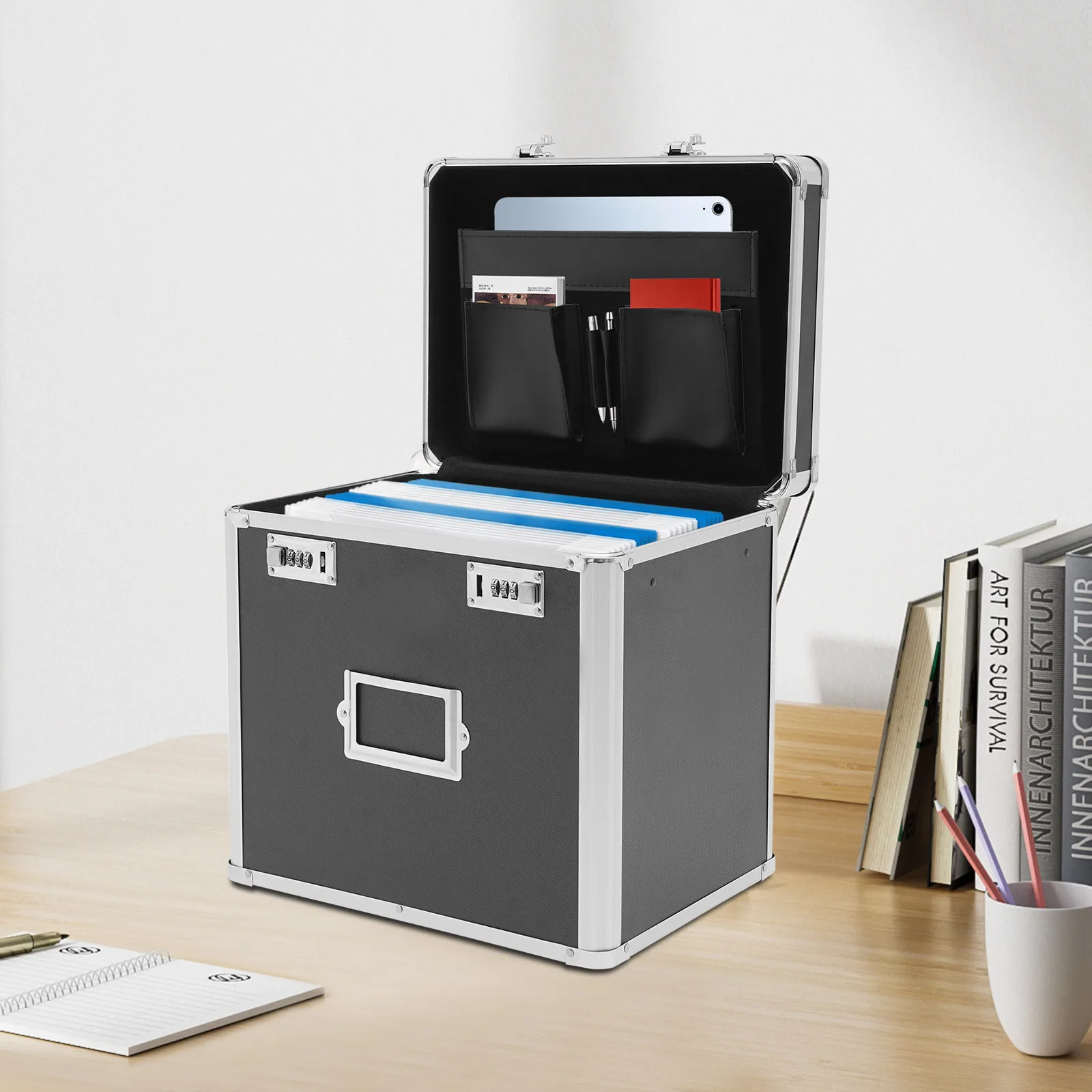 

Портативная коробка для файлов из алюминиевого сплава для офисной школы, хранения канцелярских товаров, папок, личных товаров