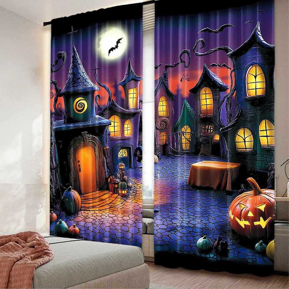 2Pcs Halloween Curtain Nightmare Themed Window Drapes Pumpkin Full Moon Town Birthday Christmas Party Decorations A