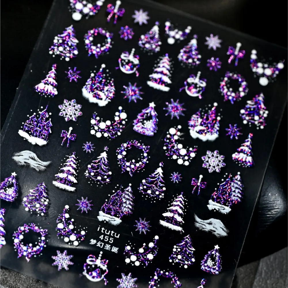 5D in rilievo Castello d'oro/Ghirlanda/Albero di Natale Adesivi per unghie Fiocchi di neve bianchi Fiocco Stella Decalcomanie per unghie Autoadesive Decorazioni per unghie di Natale