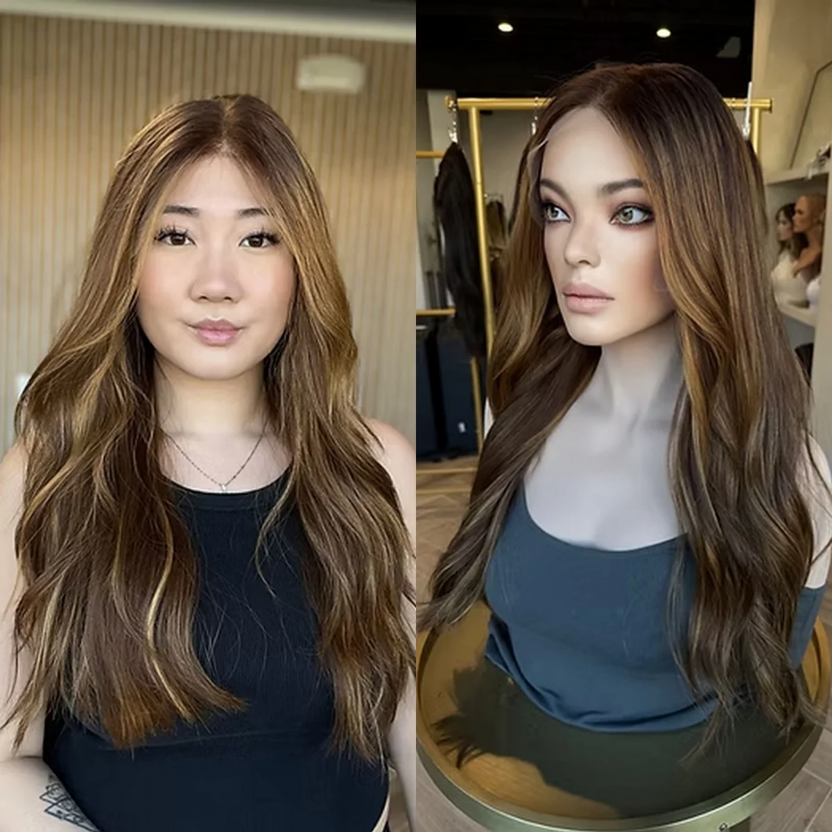 

26 Inches Ombre Honey Brown Glueless Wigs Synthetic Hair Long Middle Parting Loose Wave Balayage 13*4 HD Transparent Lace Wigs