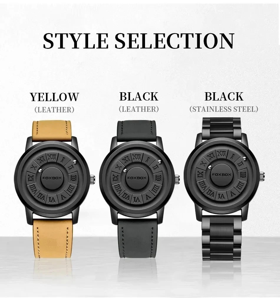 FOXBOX Watch Man Creative Scrolling Pointer Magnetic Force Quartz Wristwatch Genuine Leather Mens Watches Relogio Masculino+Box