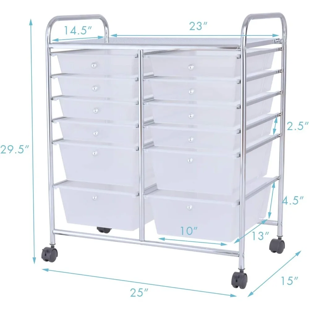 عربة تخزين دوارة ذات سعة كبيرة مع إطار معدني و12 درجًا أملسًا، منظم حرفي على عجلات للتخزين الفعال
