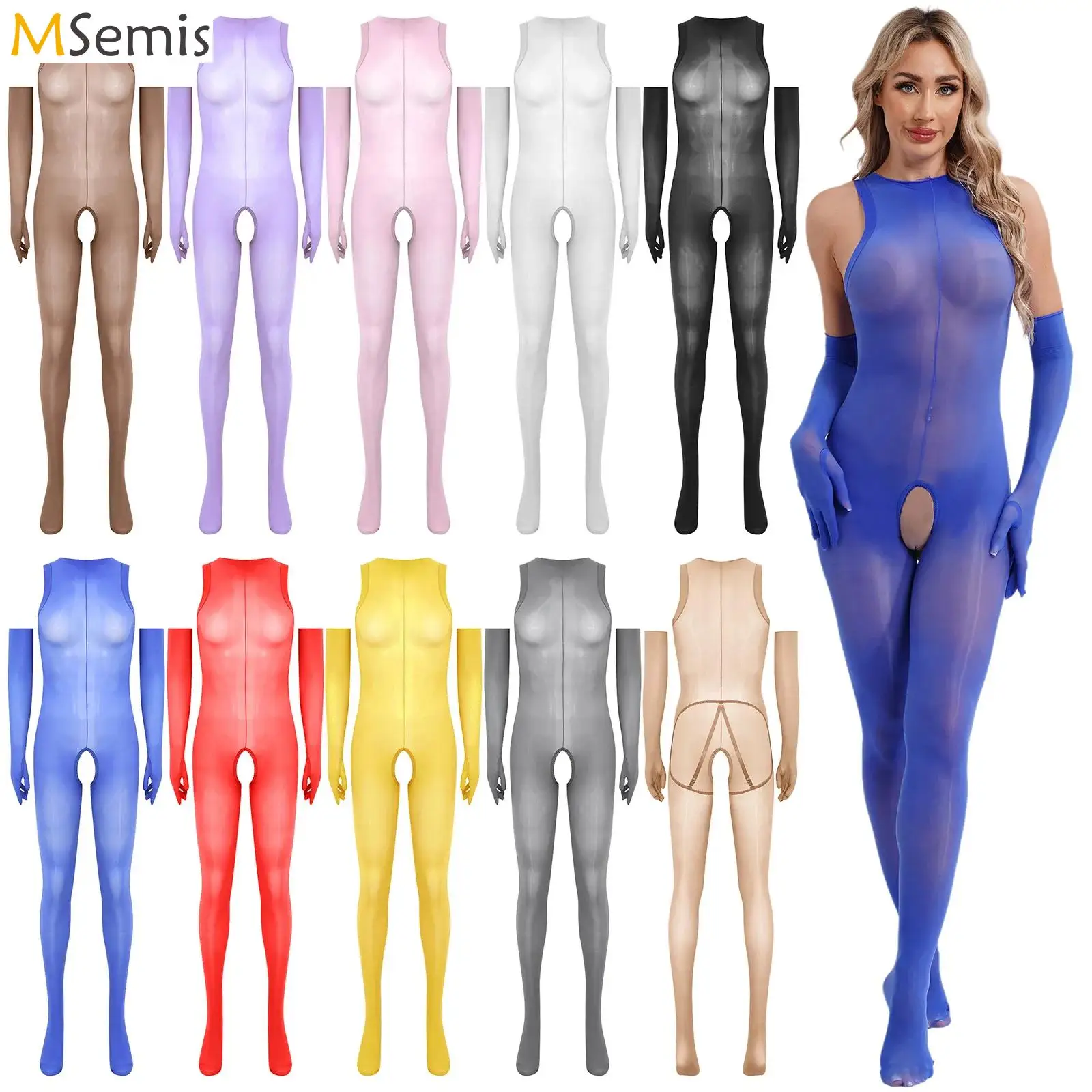 

Womens Sheer Full-body Bodystocking One Piece Jumpsuit with Gloves Crotchless Unitard Sexy Lingerie Nightwear for Wedding Night