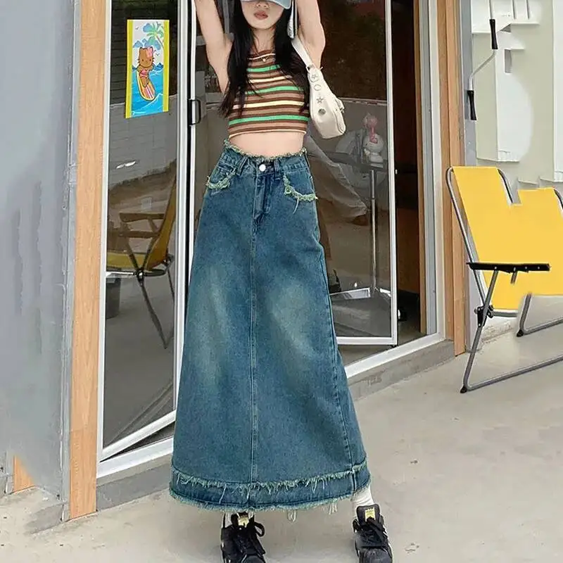 Lucyever Vintage Blue Denim Frauen Sommer Neue Mittlere Länge EINE Linie Jean Rock Frau Casual Alle Spiel Hohe Taille Lange Röcke