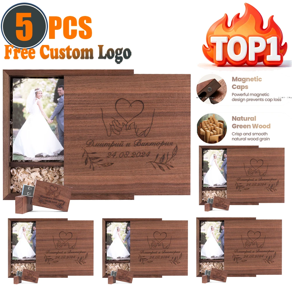 5개 묶음 천연 나무 상자 USB 플래시 드라이브 128GB 크리스마스 선물 펜 드라이브 64GB 무료 로고 USB 스틱 32GB 디자인된 웨딩 선물