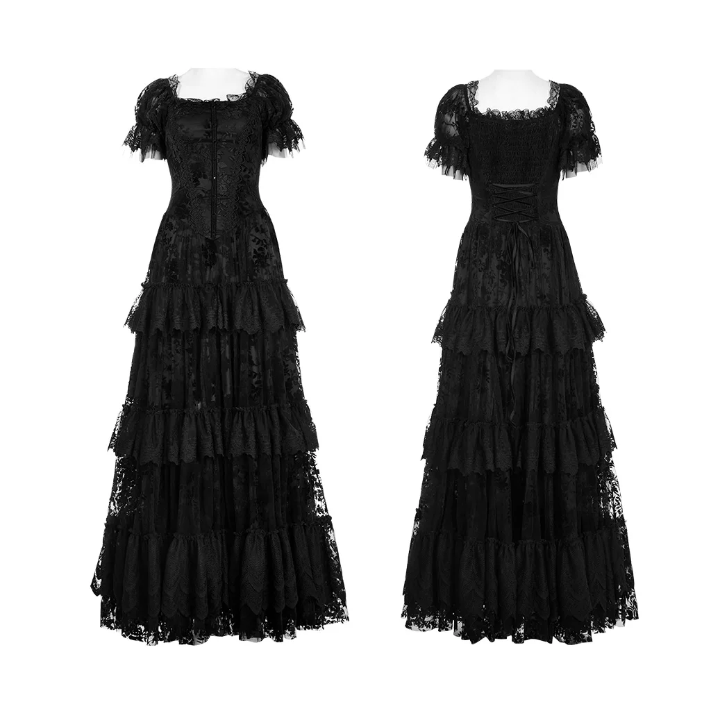 PUNK RAVE Women's Gothic Print Dress, Black-Red Polyester Polyamide Off-Shoulder Lace Maxi Dress WQ613