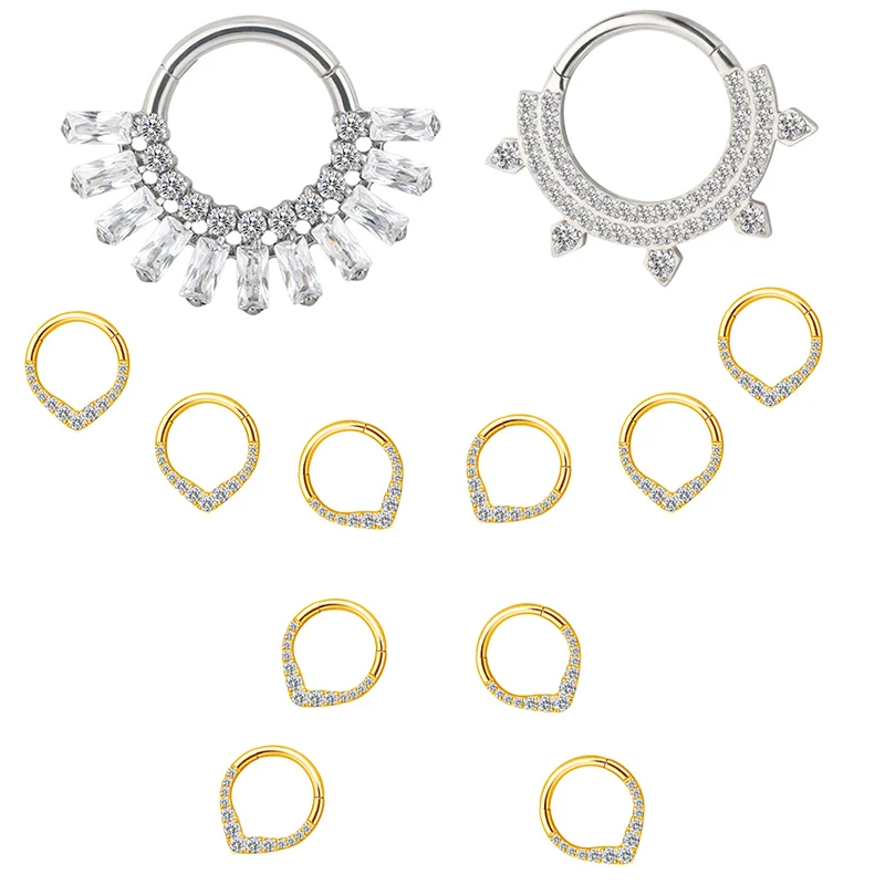 10pcs  ASTM F136 Titanium EAR Piercing Nose Ring Inlaid Circle and Rectangle CZ Zircon Hoop Hinged Clicker Earring PIERC Jewelry