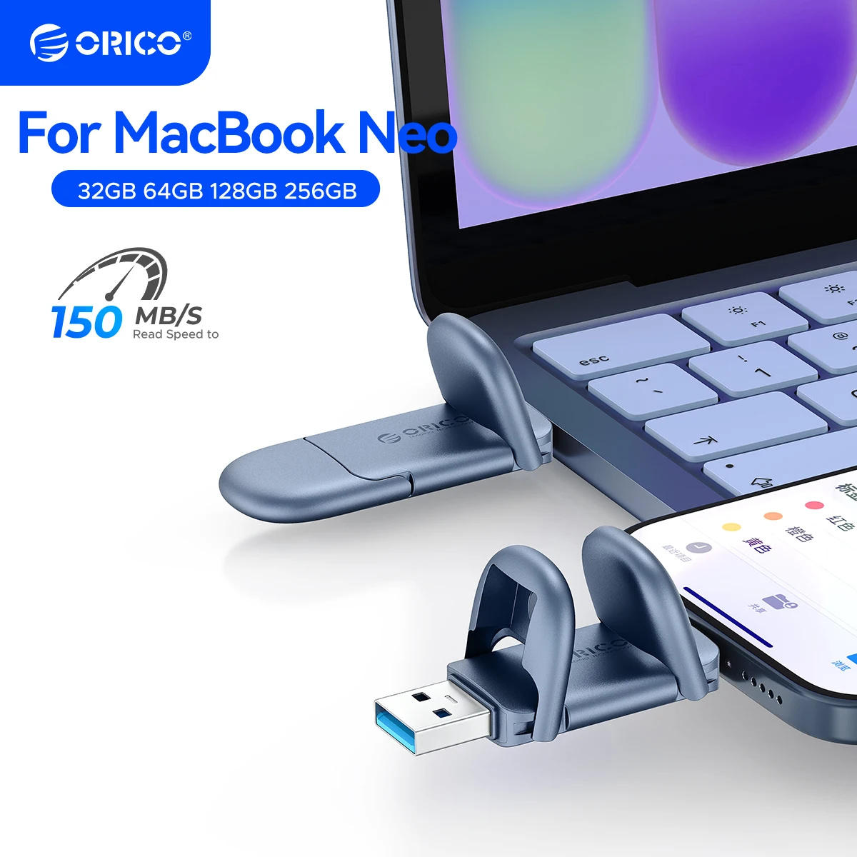 ORICO Dual USB Flash Drive for MacBook Neo USB 3.2 Flash Drive Type C and USB A Portable T Flash Drive 2-in-1 USB-C Thumb Drive