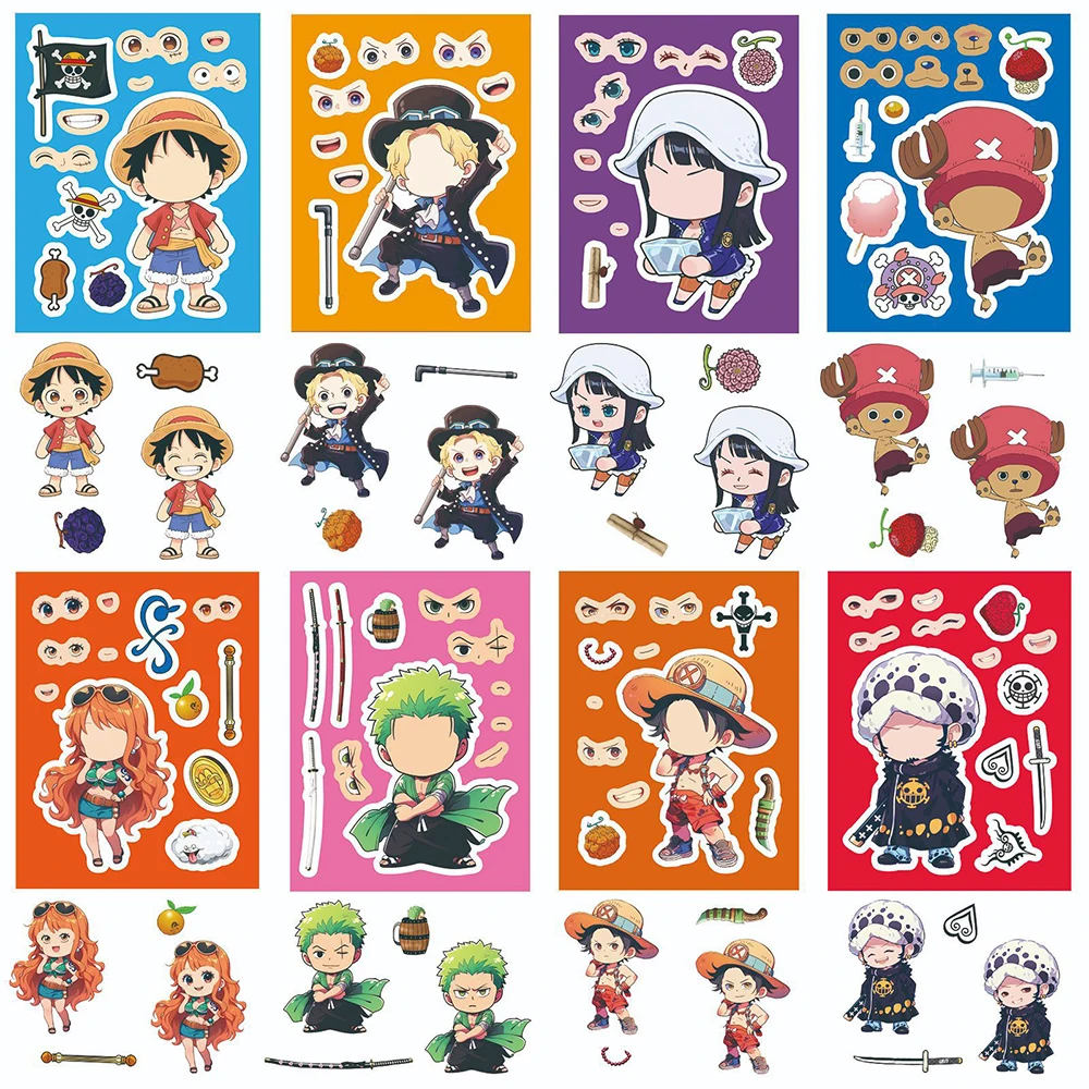 

8/16sheets Cartoon One Piece Anime Luffy Zoro Puzzle Stickers Make a Face DIY Funny Party Game Assemble Jigsaw Decals Kids Toy