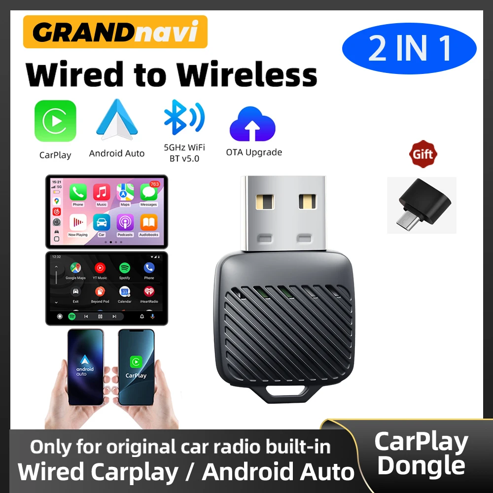 

Беспроводной адаптер 2-в-1 CarPlay/Android Auto для автомобиля: донгл с автоматическим подключением, Plug & Play для iPhone и Android (для штатных проводных систем)
