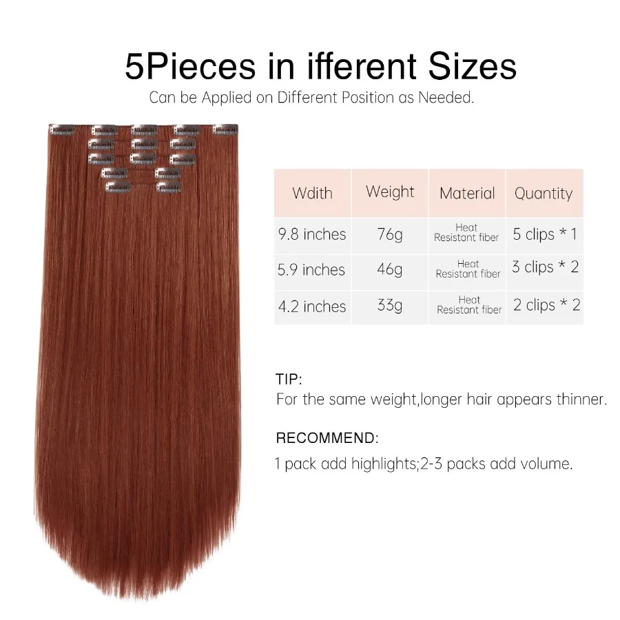 وصلات شعر غير مرئية مستقيمة بطول 26 بوصة قطع شعر صناعية سميكة للنساء 5 قطع من النحاس الأحمر الناعم والجميل He