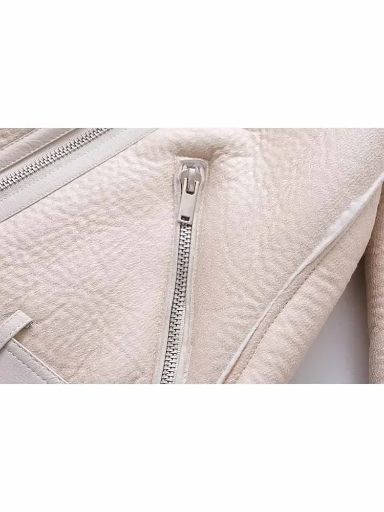 Women Fashion With belt Winter Thick Warm Fur Faux Leather Jacket Coat Vintage Long Sleeve Zipper Female Outerwear Chic Tops