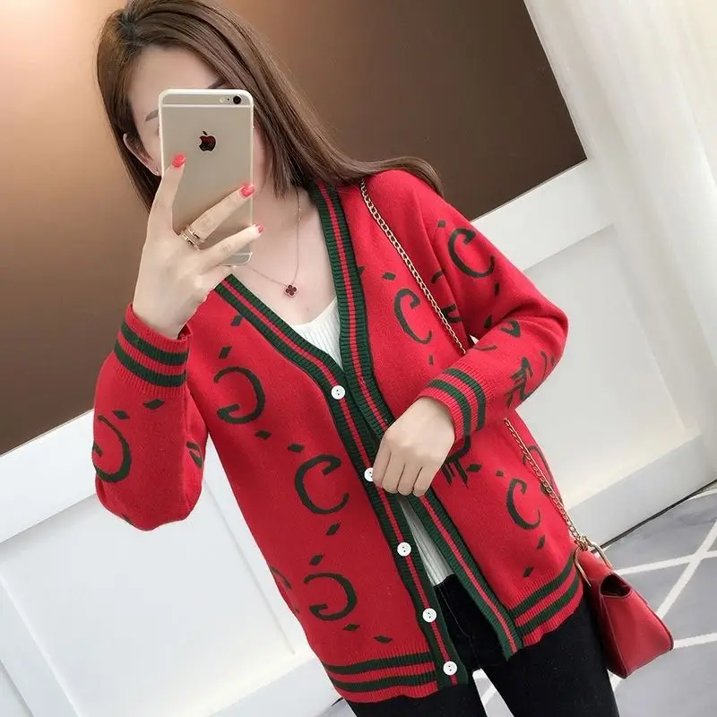 Autumn Winter Fashion Loose Printing V-neck Long Sleeve Sweater Coat Women Clothing All-match Patchwork Knitting Cardigan Tops