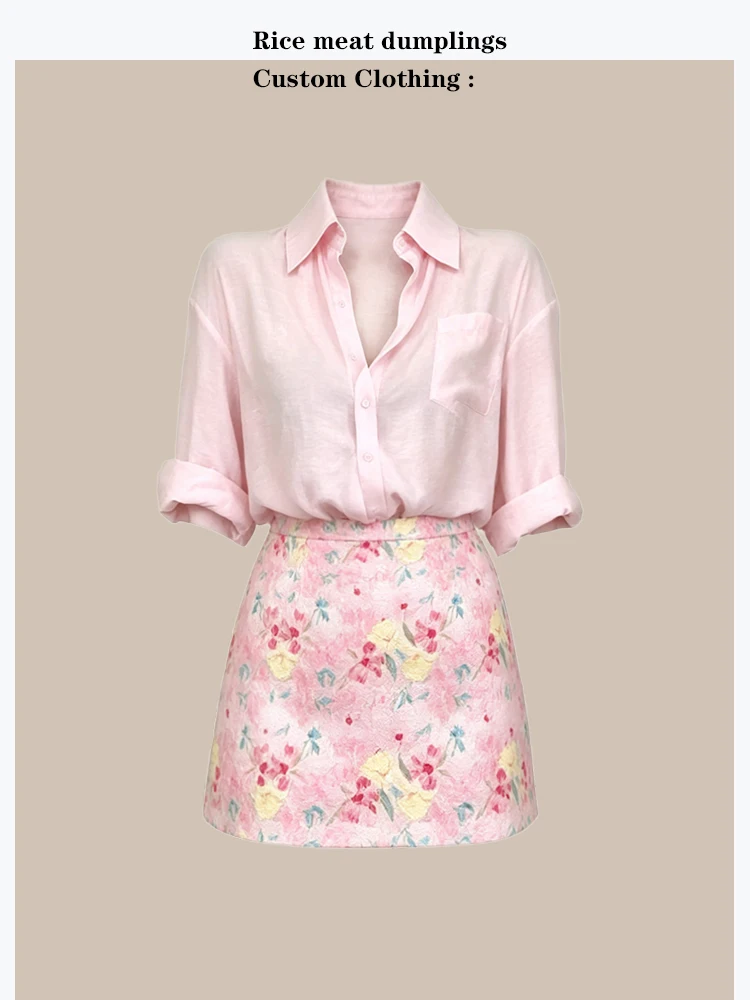 

Summer Beautiful Sweet Floral Print A-Line Skirt And Long Sleeve Shirt Set Pink Fashionable Korean Style Women's Outfit