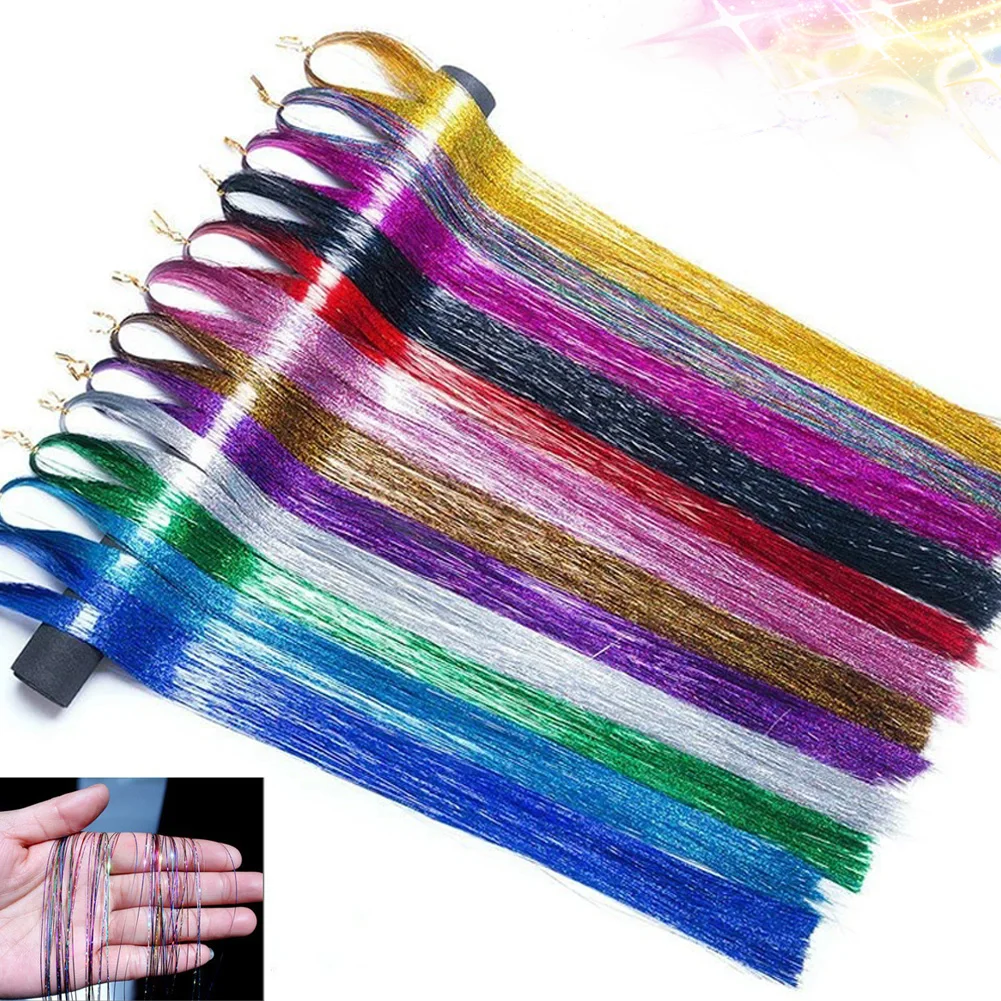 

93cm Sparkle Shiny Hair Tinsel Rainbow Strands Dazzles Women Hippie for Braiding Headdress False Hair Extensions Glitter Strips