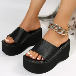 Platform Slippers Women Fashion Black PU Leather Wedge Slippers for Women New Summer Thick Bottom Shoes Slides Plus Size Sandals