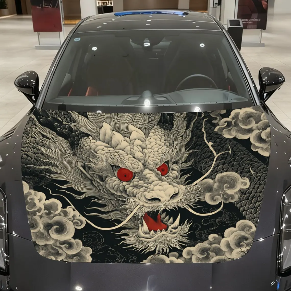 

Red Eyed Evil Dragon Car Hood Decal - PVC Realistic Pattern Design, Universal Fit For General Motors & Racing Cars, Durable Exte